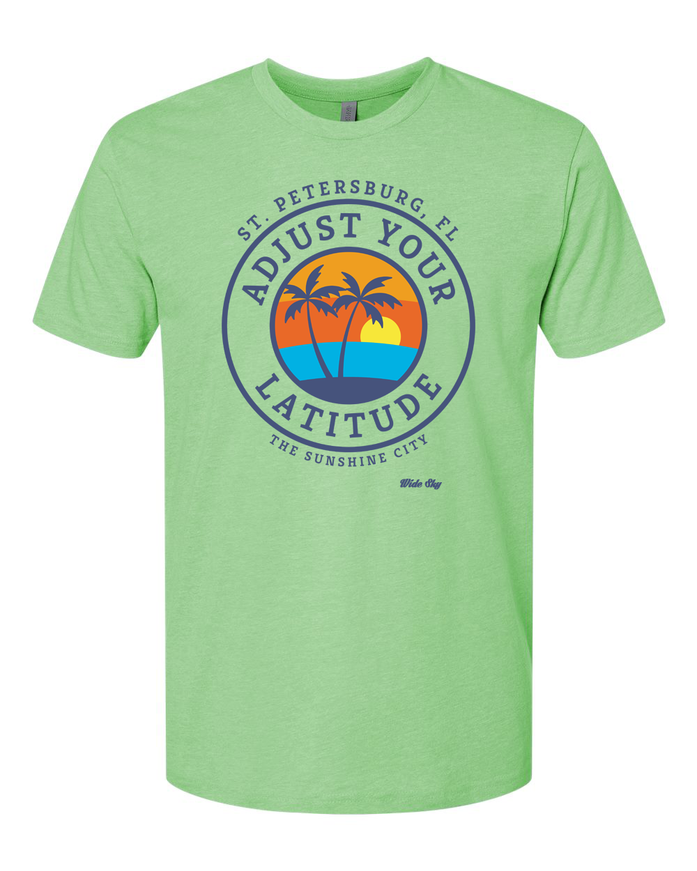 Green t-shirt with a colorful graphic design featuring palm trees and text 'St. Petersburg, FL - Adjust Your Latitude - The Sunshine City'.