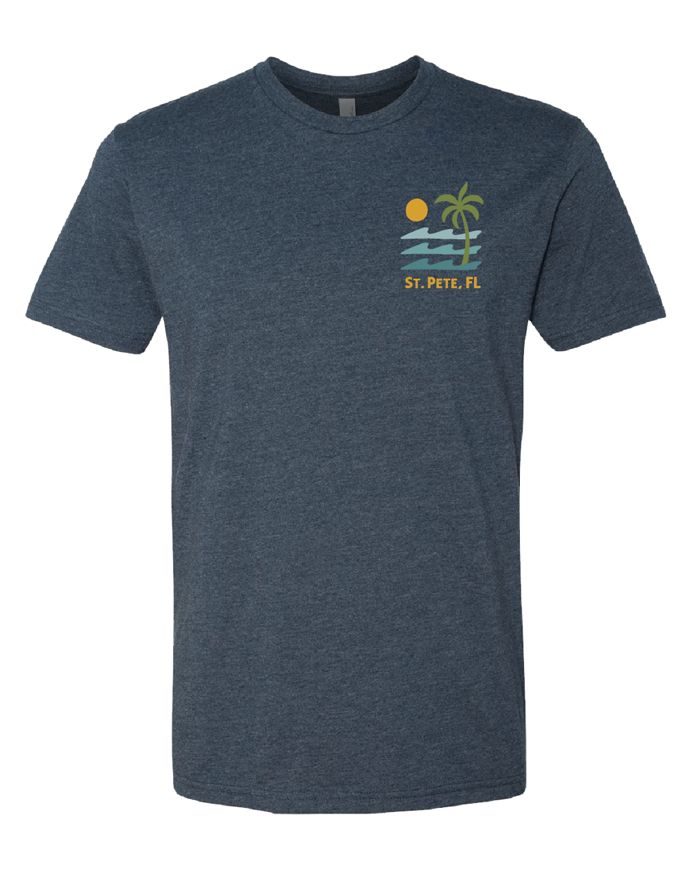 Heather midnight navy "Beach More B*tch Less St. Pete FL" t-shirt with blue, green, and yellow text design