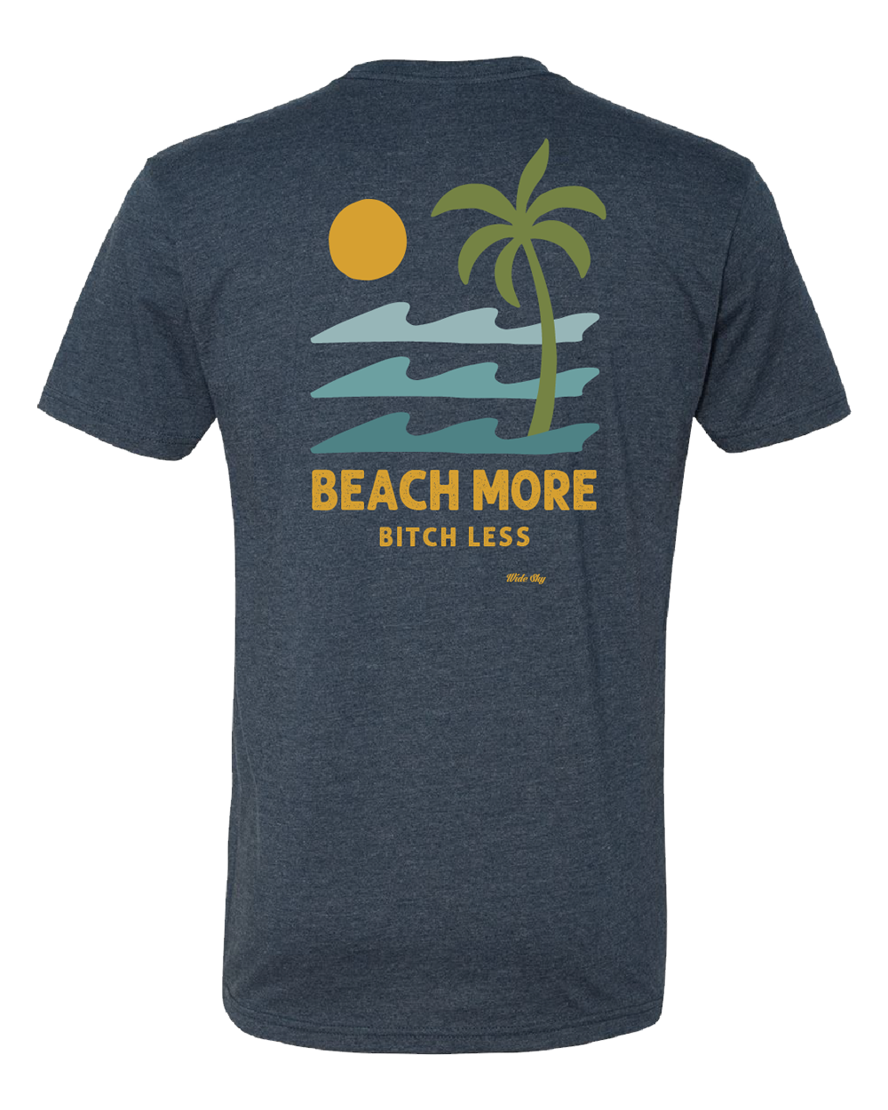 Heather midnight navy "Beach More B*tch Less St. Pete FL" t-shirt with blue, green, and yellow text design