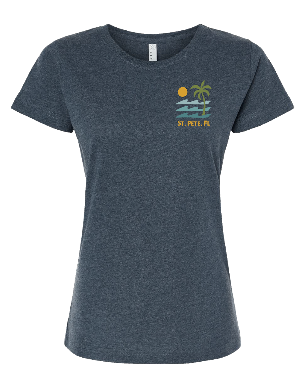Heather midnight navy "Beach More B*tch Less St. Pete FL" t-shirt with blue, green, and yellow text design