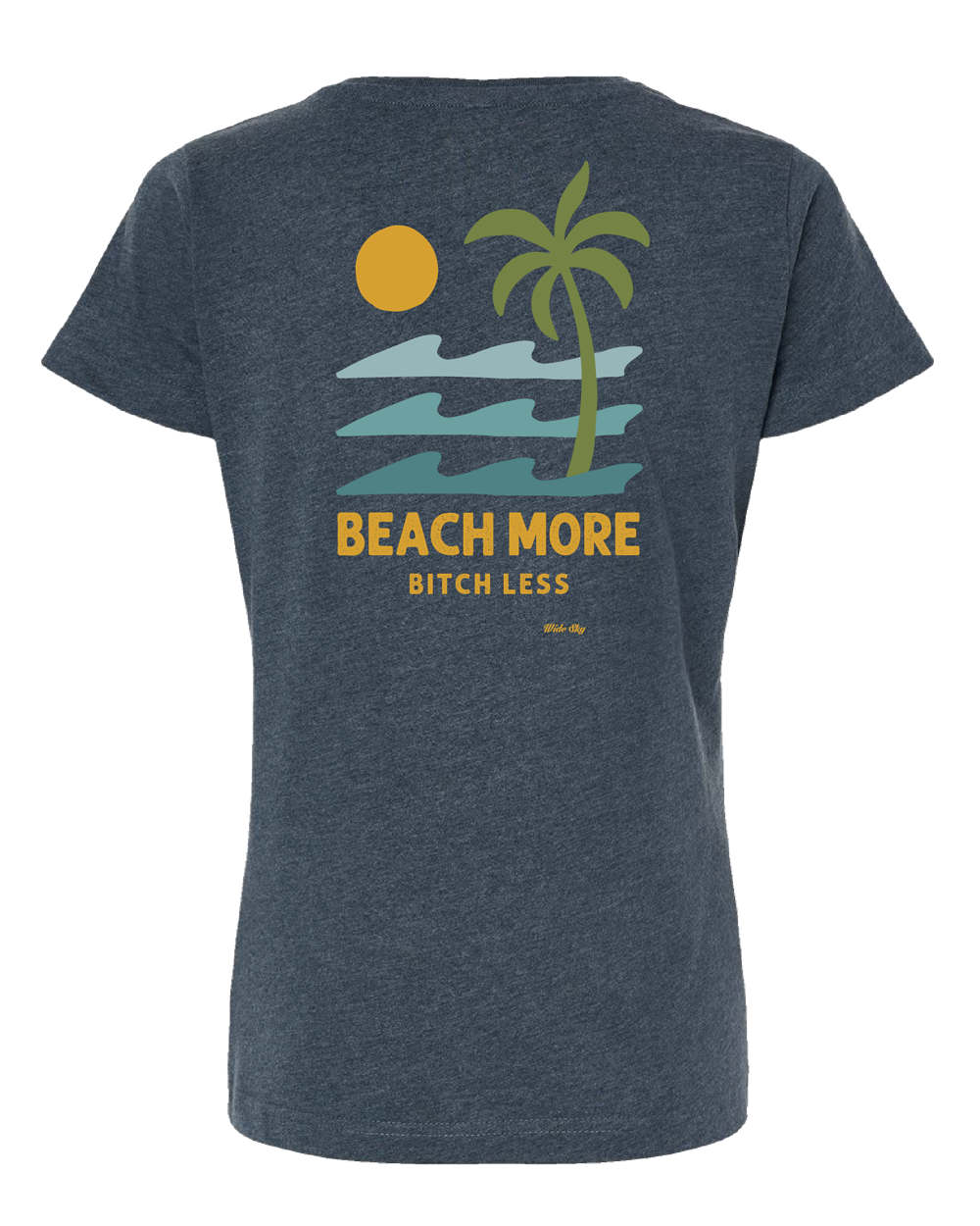 Heather midnight navy "Beach More B*tch Less St. Pete FL" t-shirt with blue, green, and yellow text design