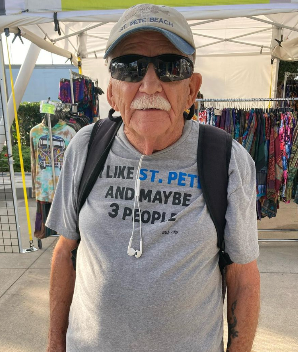 Older gentleman wearing I Like St. Pete and Maybe 3 People t-shirt on heather grey - funny Florida introvert shirt