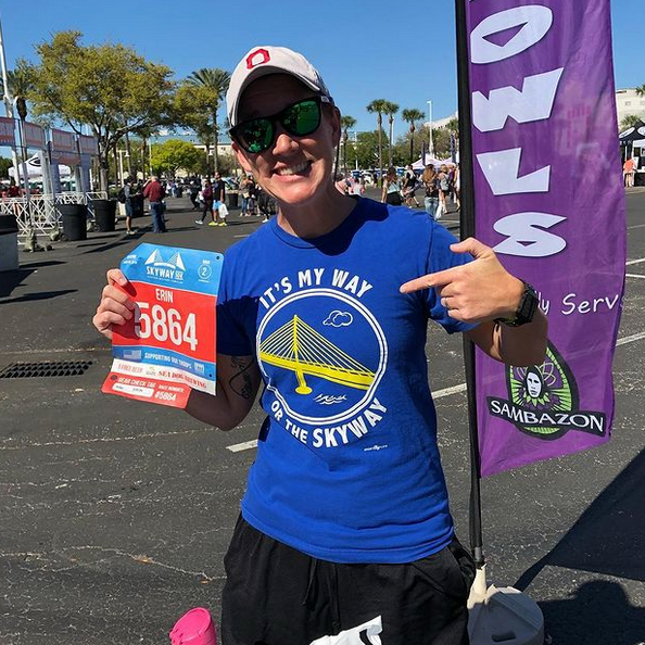 Runner wearing It's My Way or the Skyway royal blue Florida t-shirt after completing 5K race