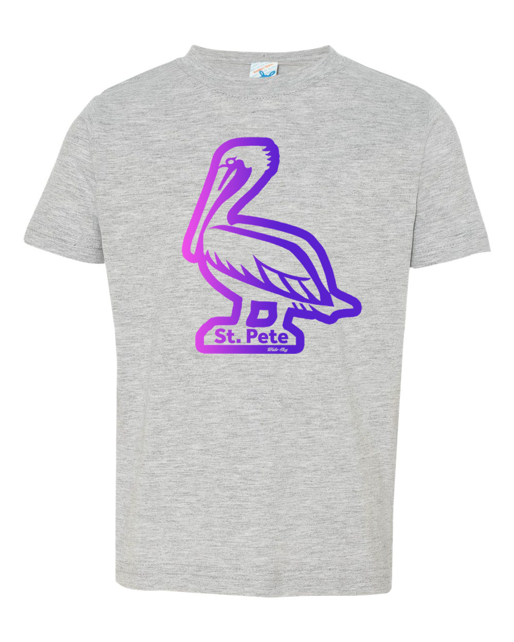 "Kids St. Pete pelican t-shirt on heather grey - children's Florida bird shirt in pink purple"
