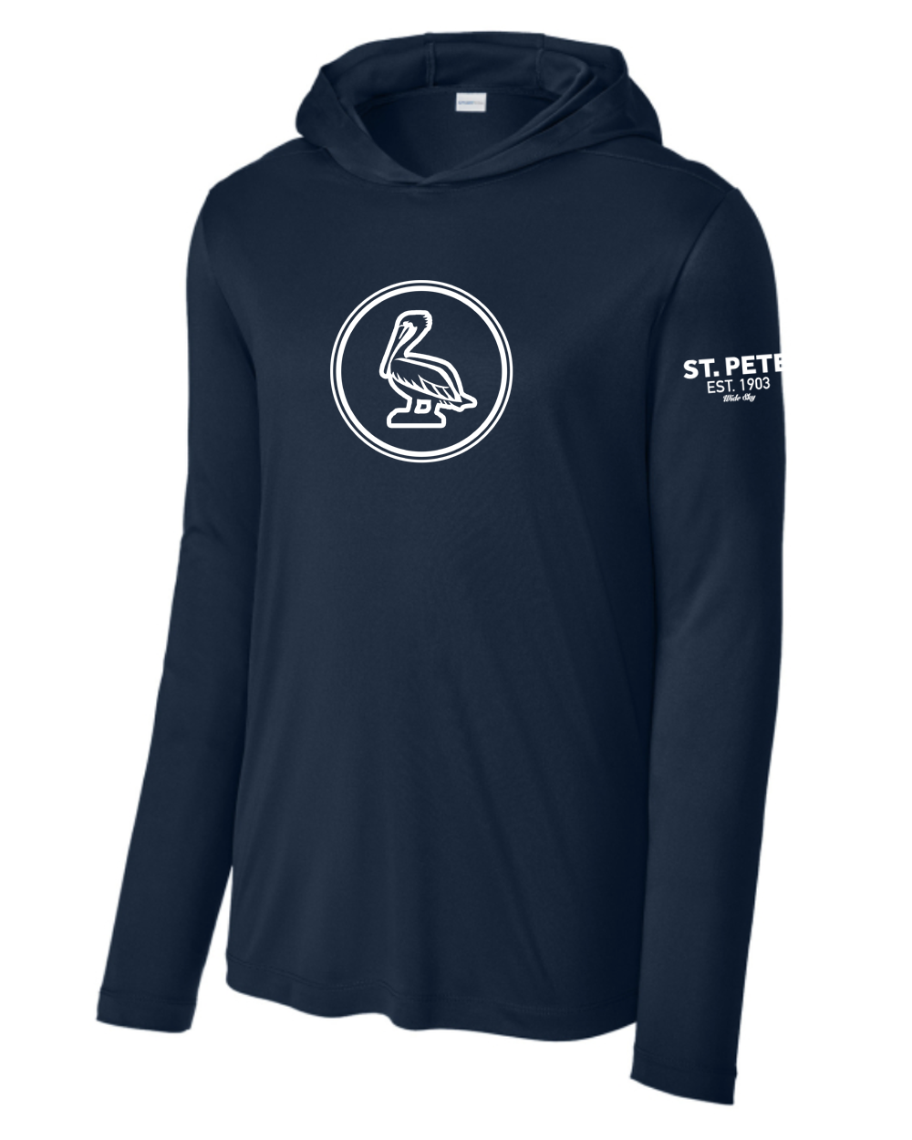 St. Pete Pelican UPF 50 sun protection shirts in navy blue