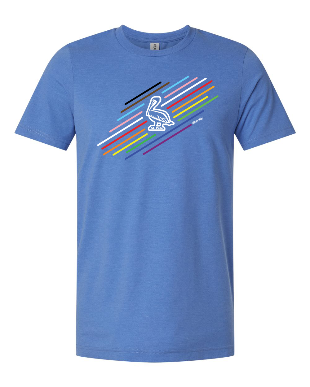 St. Pete Pride Pelican T-Shirt in blue featuring progressive pride flag colors with white pelican design and 'St. Pete' text - LGBT Florida apparel by Wide Sky