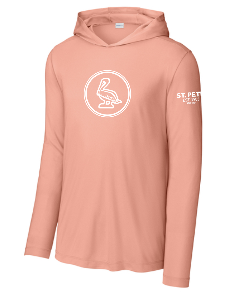 St. Pete Pelican UPF 50 sun protection shirts in coral