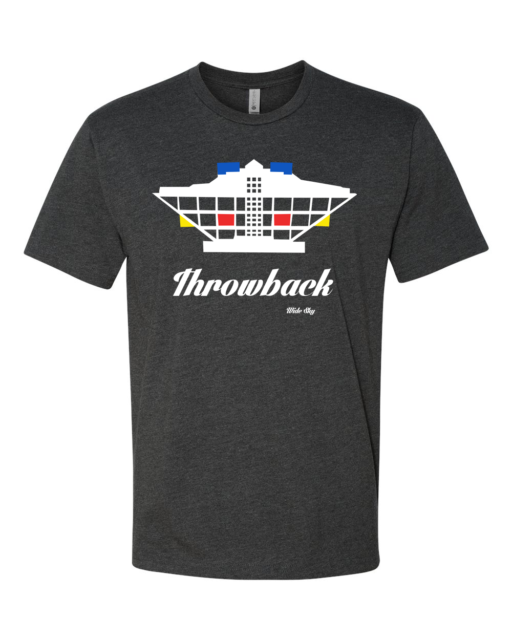 Heather charcoal "Throwback" St. Petersburg Pier tribute t-shirt with white, blue, red, and yellow design