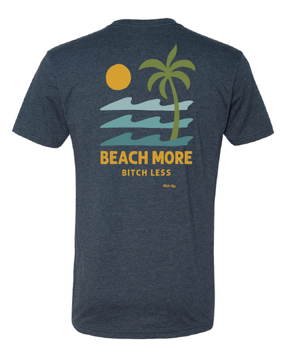 Heather midnight navy "Beach More B*tch Less St. Pete FL" t-shirt with blue, green, and yellow text design
