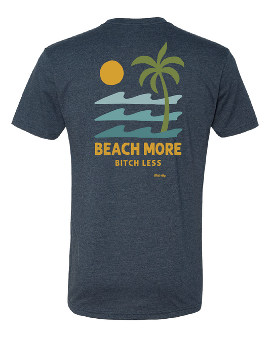 Heather midnight navy "Beach More B*tch Less St. Pete FL" t-shirt with blue, green, and yellow text design