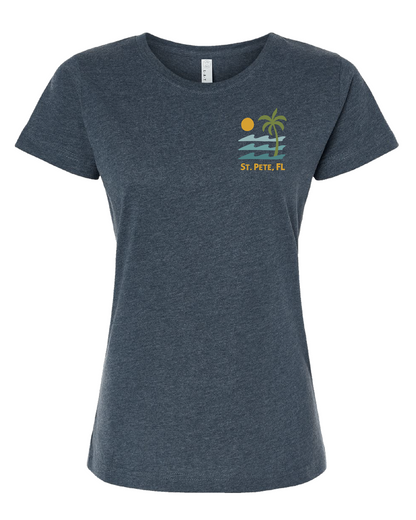 Heather midnight navy "Beach More B*tch Less St. Pete FL" t-shirt with blue, green, and yellow text design