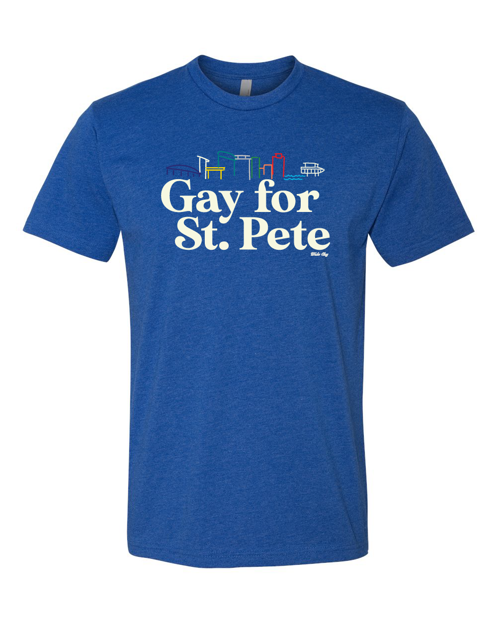 Heather royal blue t-shirt with "Gay for St. Pete" text and a colorful rainbow outline illustration of the St. Petersburg, Florida cityscape