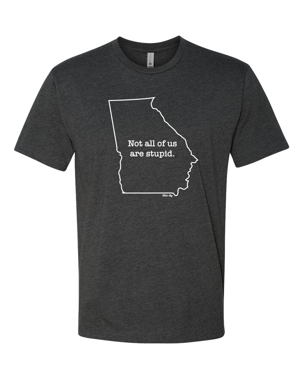 Charcoal heather t-shirt with white text reading 'Not All of Us are Stupid' and Georgia state outline design