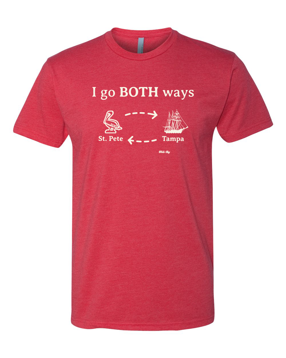 Heather red t-shirt featuring a pelican symbolizing St. Petersburg and a pirate ship representing Tampa, connected by directional arrows showing movement between both Tampa Bay cities