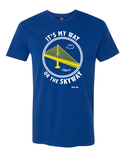 It's My Way or the Skyway Florida t-shirt in yellow and white text on royal blue cotton tee