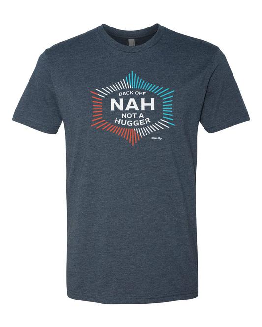 Midnight navy heather t-shirt with "Not a Hugger" text in white lettering, displayed on flat surface showing comfortable fit and soft fabric texture