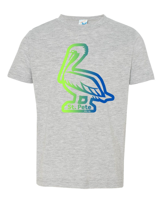 "Kids St. Pete pelican t-shirt on heather grey - children's Florida bird shirt in green blue"