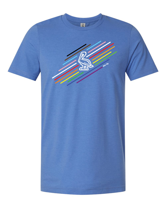 St. Pete Pride Pelican T-Shirt in blue featuring progressive pride flag colors with white pelican design and 'St. Pete' text - LGBT Florida apparel by Wide Sky