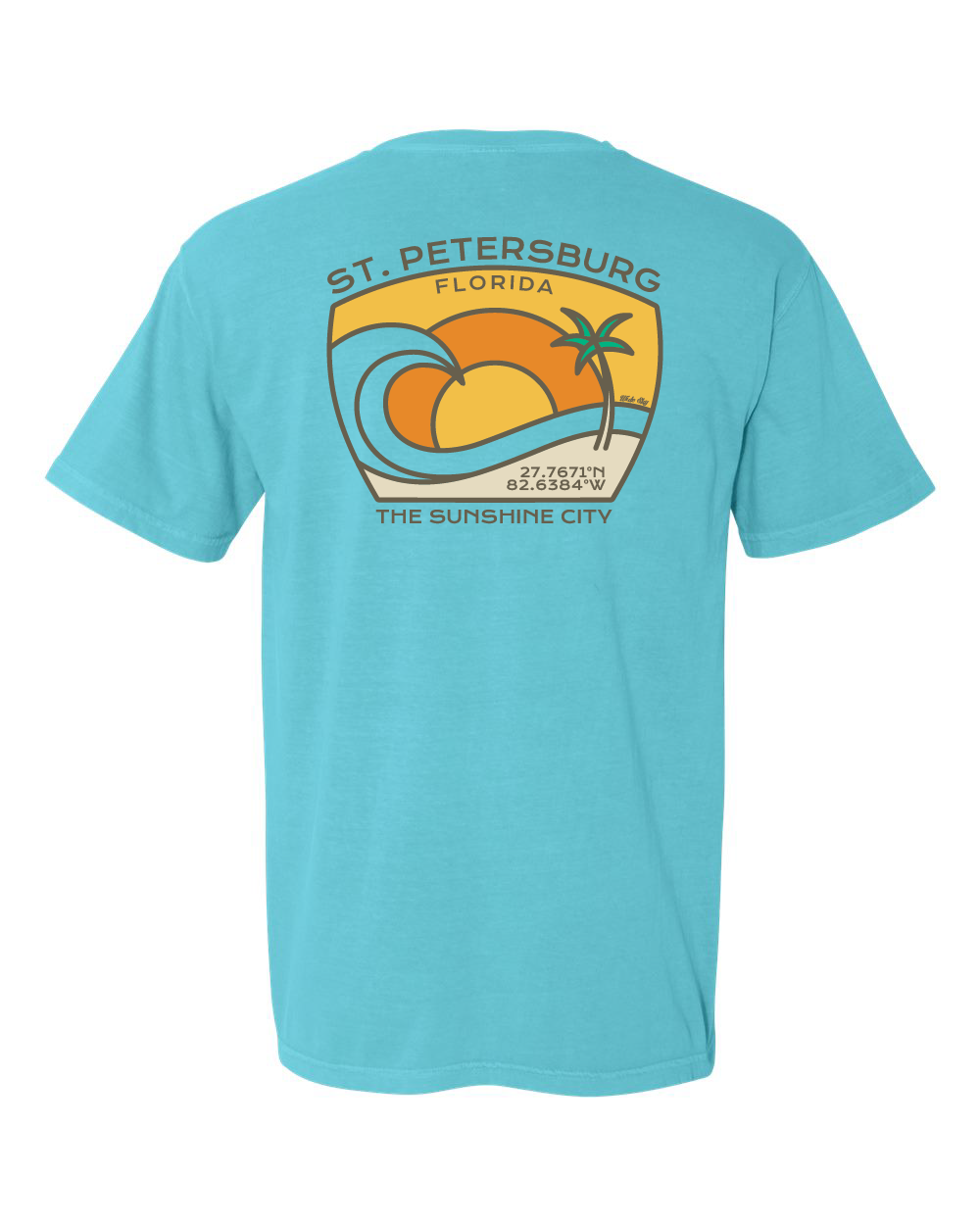 Lagoon colored garment-dyed t-shirt featuring a tropical wave and palm tree design with the latitude and longitude coordinates of St. Petersburg, Florida printed on front and back
