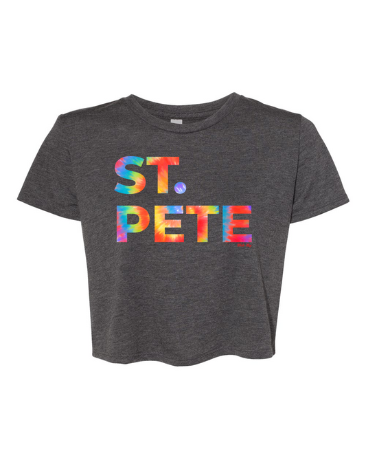 St. Pete tie dye crop top on dark heather grey shirt - women's Florida beach fashion