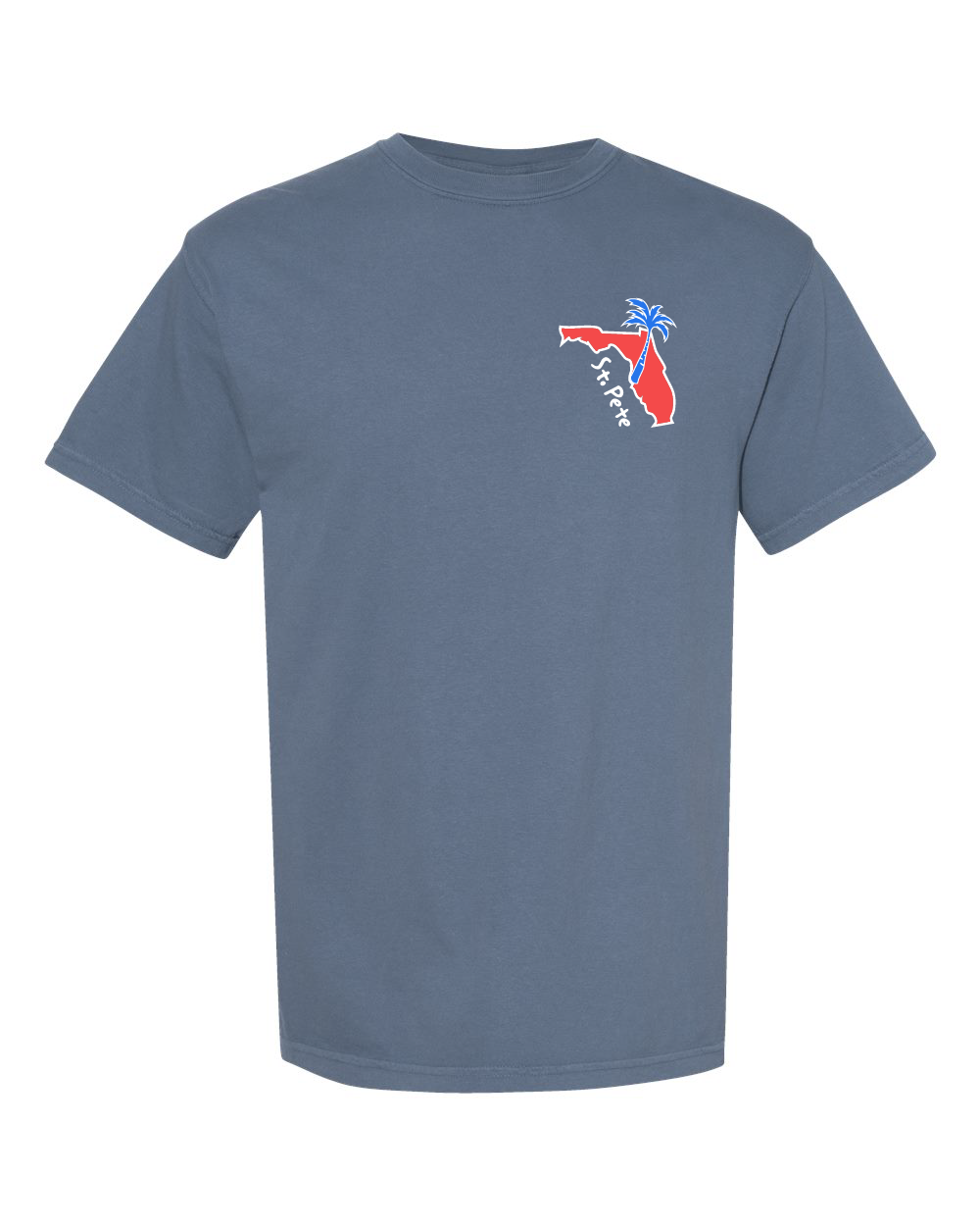St. Pete Not That Florida T-shirt featuring a red Florida map with a blue palm tree rising from St. Petersburg, symbolizing the city's progressive, artsy identity