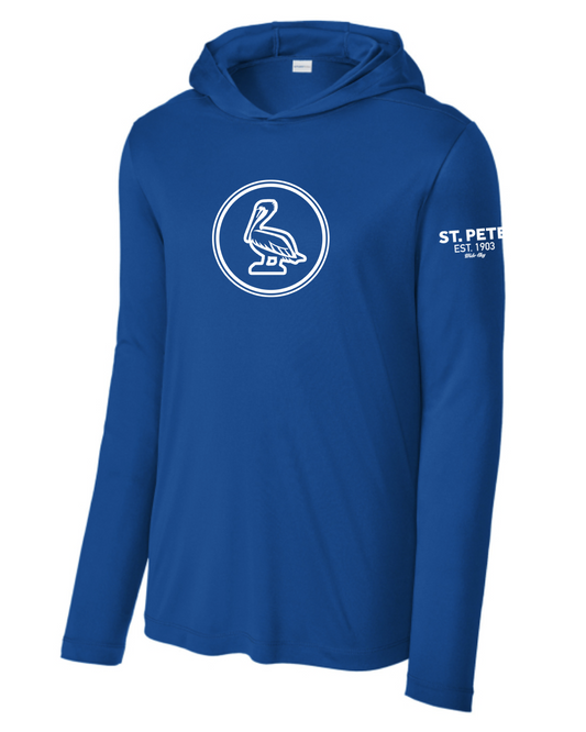 St. Pete Pelican UPF 50 sun protection shirts in royal blue