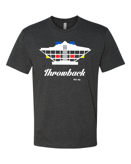 Heather charcoal "Throwback" St. Petersburg Pier tribute t-shirt with white, blue, red, and yellow design