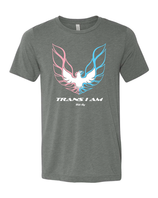 Heather gray "Trans I Am" t-shirt with black text in retro throwback style font