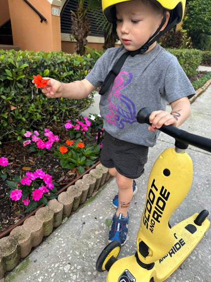 Boy picking flowers with his scooter wearing kids St. Pete pelican t-shirt on heather grey - children's Florida bird shirt in pink and purple